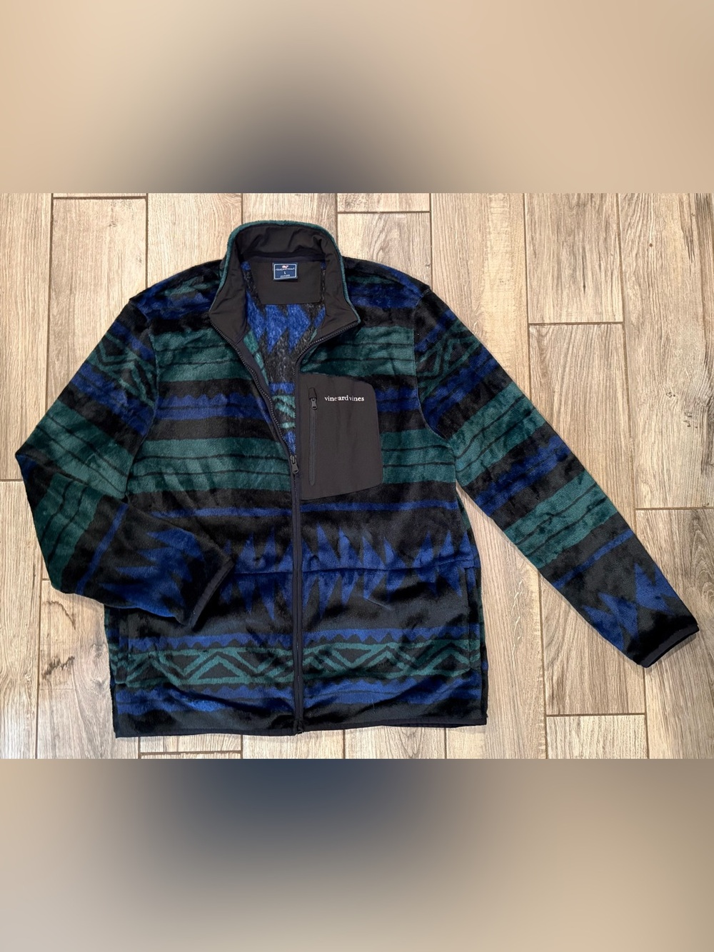 Vineyard Vines Blue & Green Patterned Full-Zip Fleece Jacket